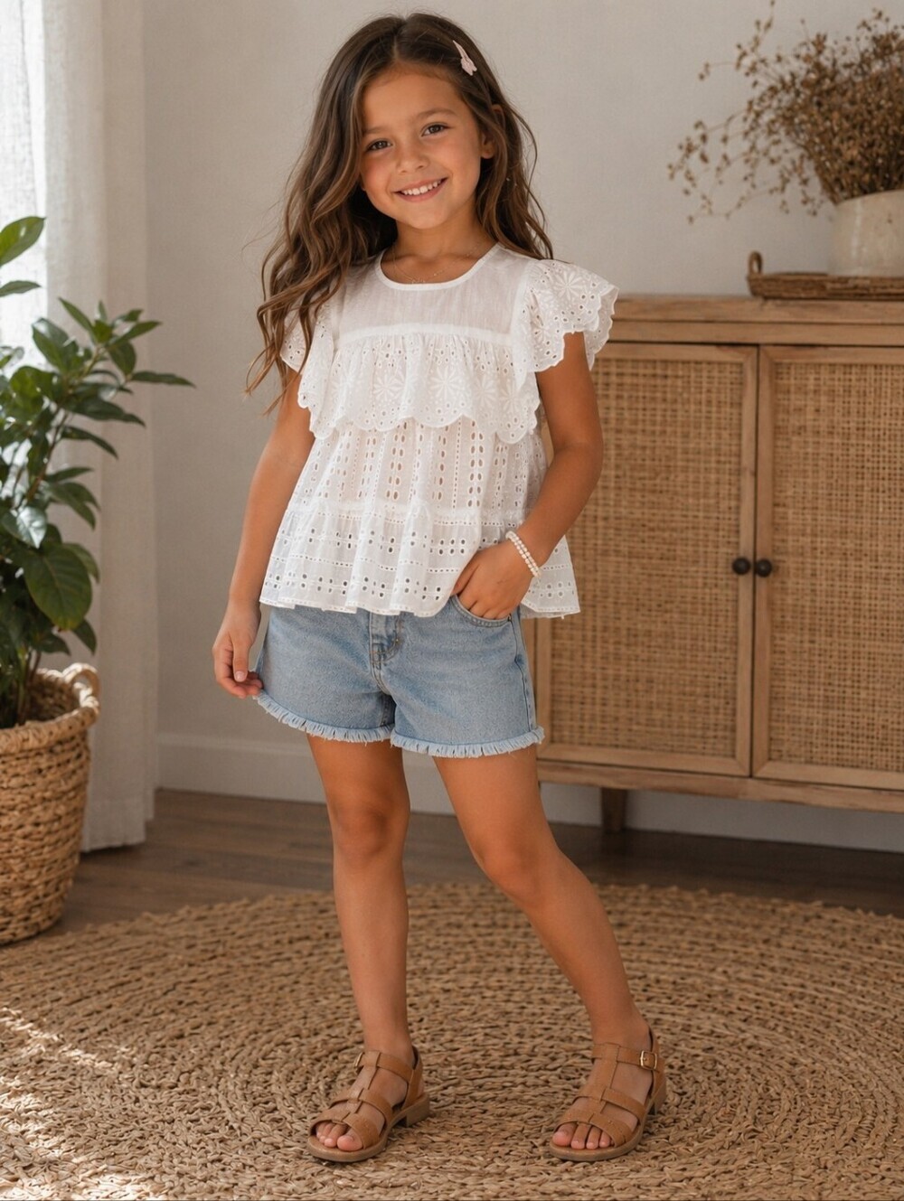 Zara Girls White Eyelet Ruffle Peplum Top Size 6 116 Boho Cotton Blouse New